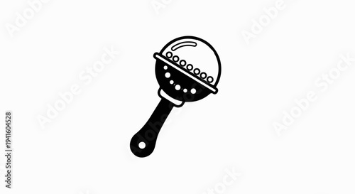 A black and white graphic of a baby rattle with a round head and handle