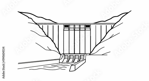 A simple black and white drawing of a dam holding back water