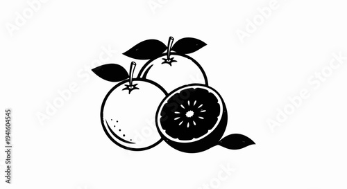 A black and white graphic illustration of three oranges, one sliced open