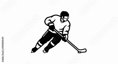 A black and white graphic depicts a hockey player in motion, stick in hand