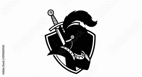 A black and white emblem features a knight's helmet and sword on a shield