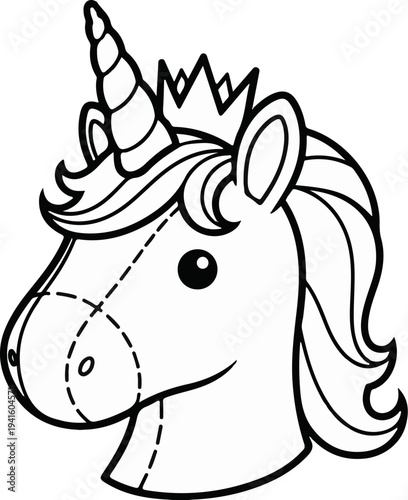 A black and white drawing of a unicorn's head with a crown and horn