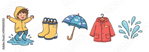 Set of cute rainy day illustrations featuring a boy jumping in a puddle, rubber boots, an umbrella, a raincoat, and a water splash in a fun, colorful cartoon style