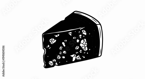 A black and white drawing of a wedge of cheese with irregular holes