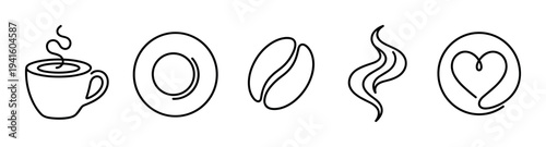 Set of black linear coffee icons featuring a steaming mug, saucer, bean, aroma, and heart symbol in a minimalist hand-drawn style for beverage and cafe concepts