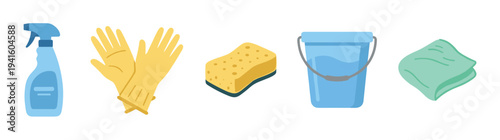 Collection of cleaning tools and equipment for household chores, featuring a sprayer, protective gloves, a porous sponge, a pail, and a wiping rag in a minimalist vector style