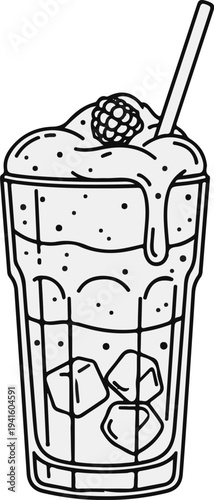 A black and white drawing of a tall glass filled with a bubbly beverage and ice