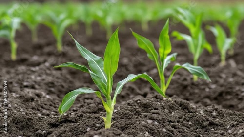 Young corn plants in dark soil, with bright green leaves, growing in a field