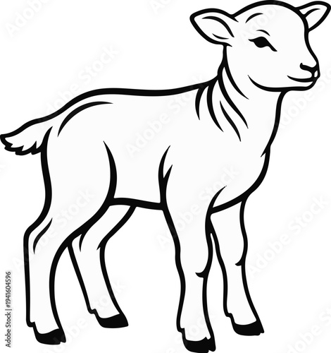 A simple black and white drawing of a young sheep, standing alert and looking to the side