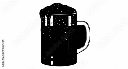 A black and white drawing of a frothy mug overflowing with dark liquid