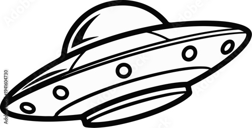 A black and white drawing of a classic flying saucer with circular windows
