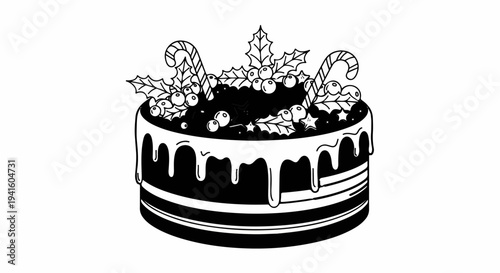 A black and white drawing of a decorated holiday cake