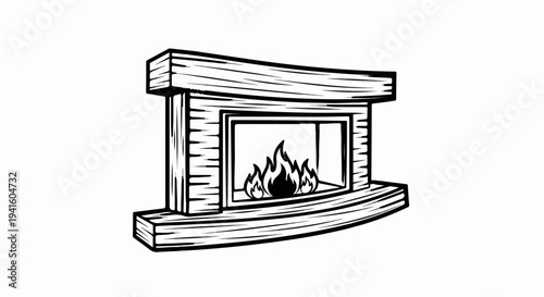 A black and white drawing of a fireplace with flames