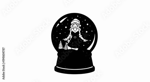 A black and white cartoon of a snow globe with a woman in a Santa hat