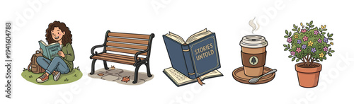 Collection of five cozy, hand-drawn sticker-style illustrations featuring a happy woman reading in a park, a bench, an open novel, a cup of coffee, and a flowering plant