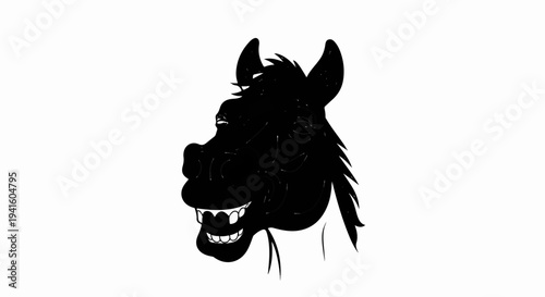 A black and white cartoon illustration of a grinning horse's head