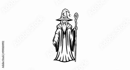 A bearded wizard in a pointed hat with moons holds a staff