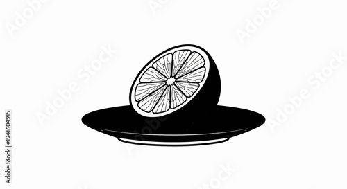 A simple black and white illustration of a halved citrus fruit on a plate