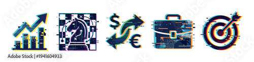 Set of modern business and finance icons with a digital glitch effect, including a growth chart, chess knight, currency exchange, briefcase, and a target with an arrow
