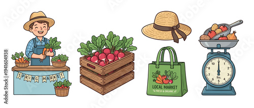 Collection of farmers market illustrations featuring a friendly farmer, fresh vegetables, a wooden crate, a straw hat, a reusable bag, and a vintage weighing scale