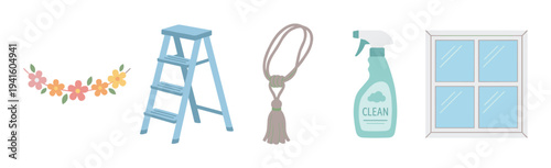 Set of illustrated household items including a flower garland, step ladder, curtain tie-back, spray bottle, and window in a simple flat vector style with a pastel color palette