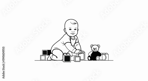 A baby plays with building blocks and a teddy bear