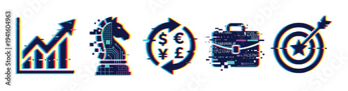 Five distinct digital business icons display glitch effects, symbolizing growth, strategy, global finance, professional work, and goal achievement, rendered with vibrant chromatic aberration