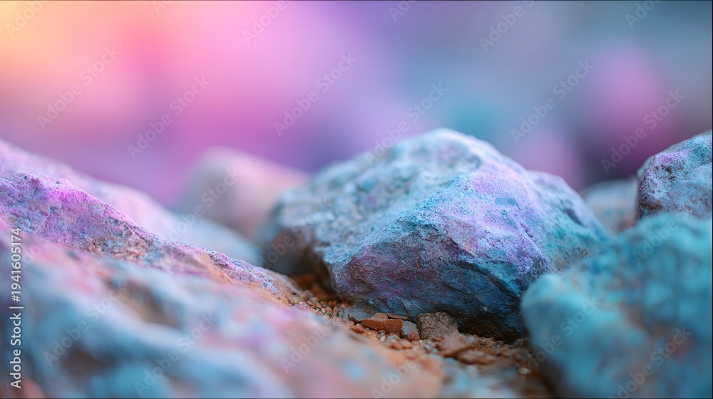 Obraz premium Detailed ro shot of granular rocks illuminated with vibrant pastel shades of pink purple and blue