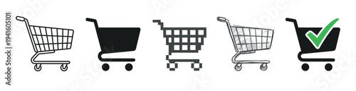 Set of shopping cart vector icons showing different graphic styles like outline, solid silhouette, pixel art, hand-drawn sketch, and a completed purchase symbol with a check mark