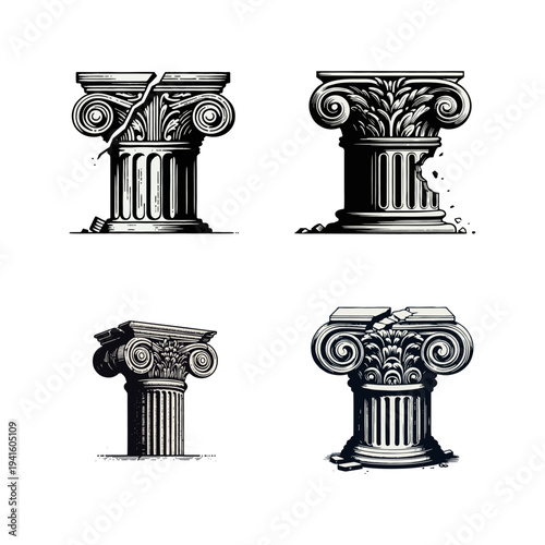 Ancient Broken Classical Columns and Pillars Vector Illustration Set
