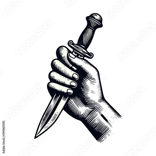 Hand Gripping Dagger in Vintage Woodcut Style Illustration