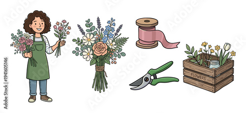 Charming hand-drawn illustration set of a florist, bouquets, ribbon, shears, and a wooden crate with flowers, depicted in a cute and colorful cartoon doodle style for creative projects