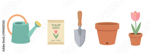 Set of colorful gardening tools and equipment for planting tulips, including a watering can, seed packet, trowel, and terracotta pots with a blooming flower in a flat vector illustration style