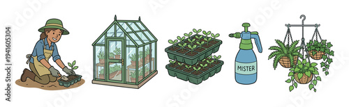 Charming collection of hand-drawn gardening illustrations featuring a woman planting seedlings, a greenhouse, starter trays, a water mister, and hanging baskets in a simple cartoon style