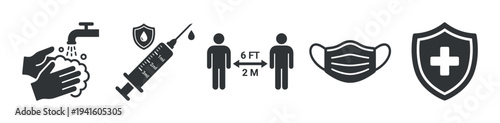 Set of black health icons showing pandemic prevention measures like hand washing, vaccination, social distancing, face mask wearing, and medical protection shields