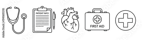 Set of black line medical icons featuring a stethoscope, patient info clipboard, anatomical heart, first aid kit, and cross symbol for healthcare and emergency concepts