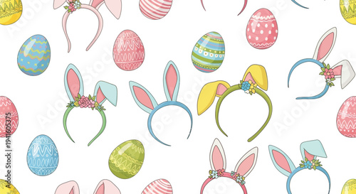 Colorful easter eggs and bunny ears headbands illustration in pastel colors
