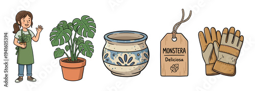 Hand-drawn gardening and houseplant icon set featuring a female gardener, a monstera deliciosa plant, a decorative pot, a wooden tag, and work gloves in a cute cartoon style
