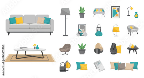 Collection of Modern Living Room Furniture and Decor Elements.