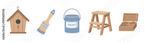 Set of wooden DIY project items including a birdhouse, paintbrush, blue paint can, step stool, and a toolbox with nails for a home improvement or crafting concept