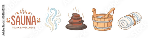 Set of hand-drawn sauna accessories illustrations including hot stones, a wooden bucket with a ladle, a rolled towel, and steam for a relaxing wellness concept