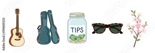 Set of illustrated busker objects including an acoustic guitar, an open case, a glass tip jar with money, sunglasses, and a blooming sakura branch