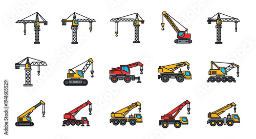 A colorful vector illustration set of various construction cranes including tower and mobile types.