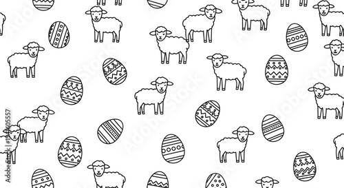 Simple black and white vector graphic illustration of sheep and easter eggs pattern design