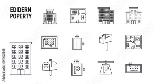 Modern property and real estate thin line icon set featuring buildings floor plans and amenities.