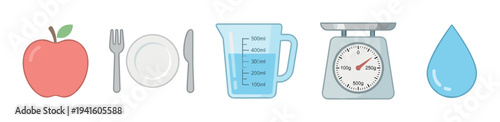 Collection of illustrated diet icons including an apple, plate, cutlery, measuring cup, kitchen scale, and water drop for healthy eating and nutrition concepts