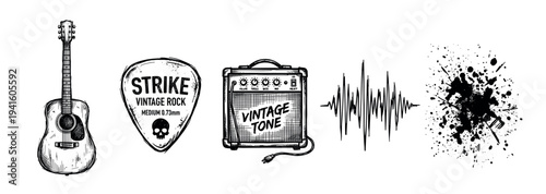 Set of hand-drawn rock music illustrations featuring an acoustic guitar, amplifier, plectrum, sound wave, and ink splatter in a vintage, grunge sketch style
