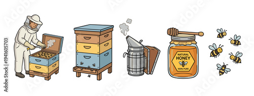 Beekeeping and honey production illustration set with a beekeeper in a protective suit, a beehive, a smoker, a jar of honey, and cute flying bees in a cartoon doodle style