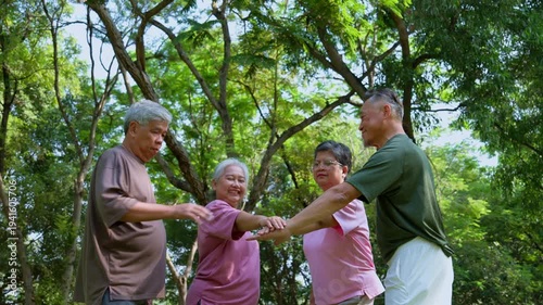 Elderly Harmony: A group of senior citizens gather outdoors in a peaceful park, their intertwined hands forming a circle that represents togetherness and the joy of shared moments.