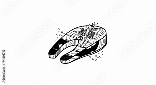 A black and white illustration of a raw fish steak with herbs and bubbles